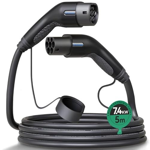 Typ 2 Ladekabel 32A/7.4 kW/1-Phasig/5 Meter, TPU Elektroauto Typ 2 EV Ladekabel für EV/PHEV Modus 3 Kompatibel mit Model Y 3 S X, ID.3, ID.4, ID.5, IONIQ 5, IP65 (Schwarz)
