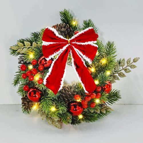 Corona de Navidad con luces LED, corona de adviento de Navidad, guirnalda de Navidad, con batería, corona decorativa de mesa, decoración de puerta y mesa, con lazo, decoración navideña aprox. 33 cm
