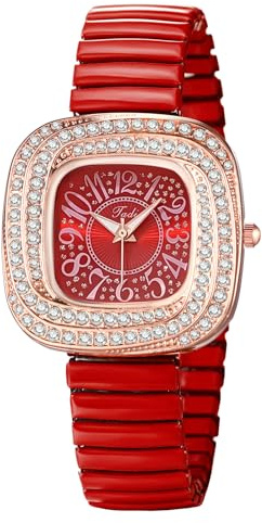 OIDEA Reloj Elástica Correa Mujer: Reloj de Pulsera Imitació de Diamantes de Cuarzopara Señora Analógico Cuadrado Caja Espiral Escala de Números Arábigos Rojo - para Ocio Negocios Regalos
