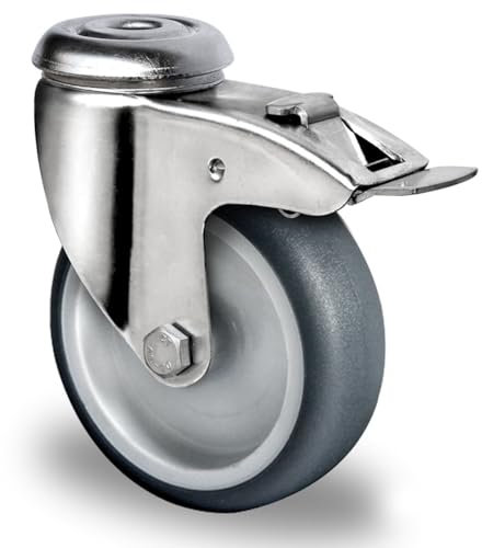 Lenkrolle mit Rückenloch und Feststeller 75 mm Thermoplastisches Gummi Apparaterolle Edelstahl