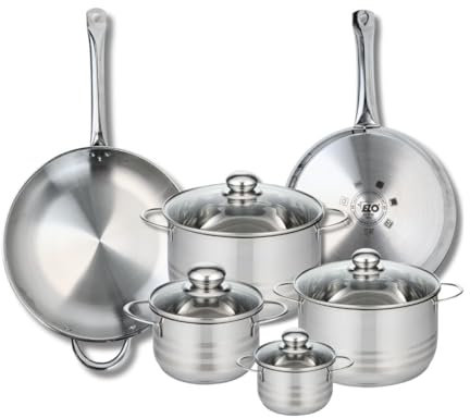 ELO 9884250 Batterie de cuisine 6 pièces, Ensemble de 2 Poêles de cuisson 28 et 32 cm et 4 faitouts 12, 16, 20 et 24 cm Elo Profi Brillant, inox, induction, Gris Pierre