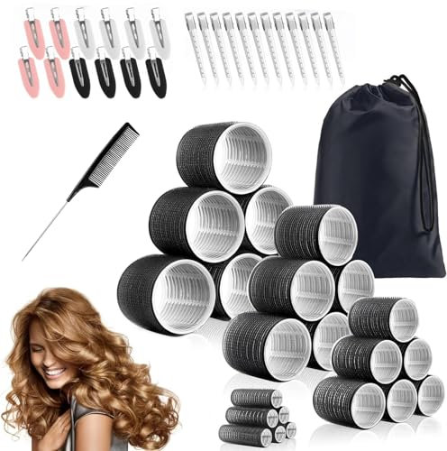 50PCS Hair Rollers Set with Clips, Hair Curlers Hook & Loop Rollers with 4 Sizes (60/48/36/25mm), Jumbo Roller &Storage Bag & 24 Duckbill Clips, for Long Medium Short Thick Volume Bangs