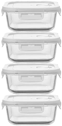 H.JSS WDJS 4-Pack Square Glass Food Containers with Lid, Airtight, 500 ml Glass Meal Prep Container Set, Lunch Boxes for Food Leftovers, Microwave, Oven, Freezer and