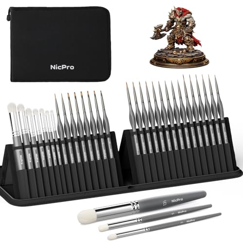 Nicpro 30 Pinceles miniaturas con Estuche de Nailon para acrílico, óleo, Acuarela y Detalles, Pincel Finos seco para modelismo, Pintura en Miniatura, Pintura por números y Manualidades