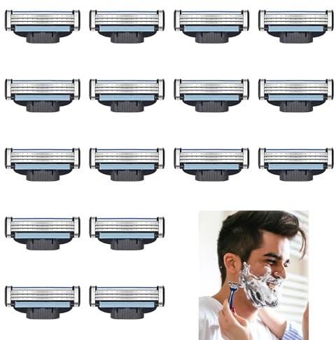16 PCS Razor Blades Compatible with Blade Razor Refills 3-Layer Manual Shaver Blades with Double Lubrication Strip, Elastic Sensor, Front Hinge Technology for Men, Father’s Day Gift