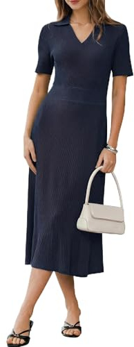 Arach&Cloz Women's Lyocell Blend Polo Clothing V Neck Knit Flowy A Line Empire Waist Spring Summer Fashion Business Casual Work Classy Short Sleeve Basic Modest Midi Dress 2026 Navy Blue M