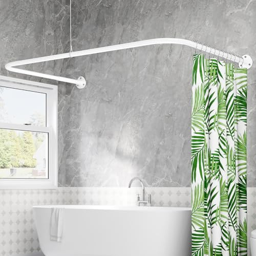 U Shaped/L Shaped Shower Curtain Rail, (60-91) X (78-196) X (60-91) cm Adjustable Curved Shower Curtain Pole With 12 Rings & Ceiling Support For Bathroom & Bathtubs, Need Drilling - White
