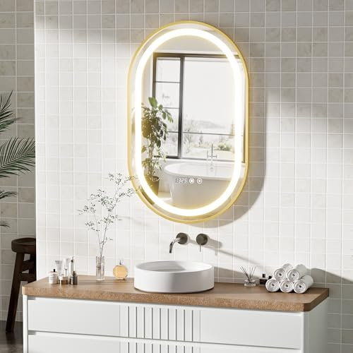 ChromaCasa Miroir Salle de Bain(80x50cm) avec LED 3 Couleurs Ronde, Antibuée, 3000K-6400K, Luminosité Réglable, étanche IP44, Fonction Mémoire,Idéal pour Salle de Bain et Coin Maquillage,Oro et Blanc