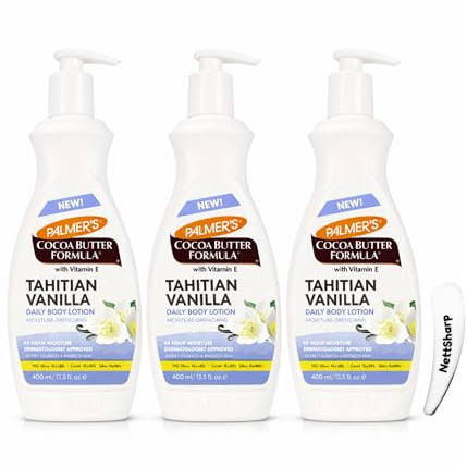 Palmer’s Cocoa Butter Formula Tahitian Vanilla Body Lotion 400ml Pack of 3 with Cosmetic Spatula, Vitamin E and Shea Butter Daily Moisturiser for Dry Skin, Pump Bottles