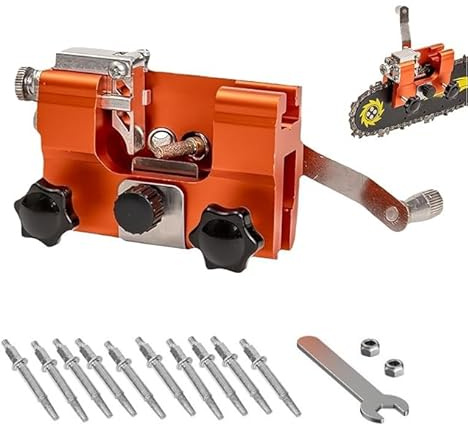 Afilador de cadenas Qinux Klampero, dispositivo de afilado de motosierra, afilador de cadenas portátil con manivela manual (afilado de cadenas + 10 cabezales de afilado)