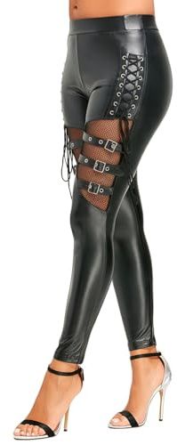 Women's Patent Leather Skinny Pants Mid Rise Side Lace Up Gothic Themed | Stretchy Pink Trousers with Fishnet Lace Trim, Slim Fit Wet Look PU Leather Leggings for Disco Party Club Night Out Festival