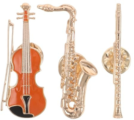 Lot de 3 Broches Musicales Vintage en Alliage, Motif Instruments | Finition Émail Doré, Attache Sécurisée, pour Événements Musicaux, Cafés, Paquet à Dos et Écharpe