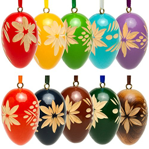 SIKORA OD01 10er Set Deko Ostereier aus Holz | Handgeschnitzte Ornamente für Ostern | Hochwertige Osterdeko zum Aufhängen in 2 Größen, Farbe | Modell:Höhe je 4.2 cm - 10er Set mit gemischten Farben