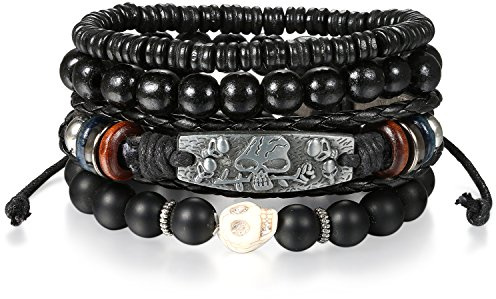 OIDEA Pulsera Cuero Hombre Mujer 4 Pcs Brazalete Madera Ajustable Cuentas Correa Tribal con Colgante de Ojo de Ángel/Sol/Cráneo Joyería Retro Regalo Original, Marrón Negro