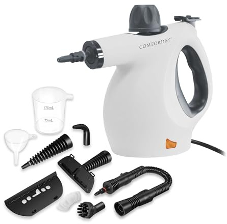 Comforday Limpiador a vapor multiusos con accesorios de 9 piezas, limpiador a vapor manual a presión, perfecto para quitar manchas, cortinas, asientos de coche, suelo, baño (gris)