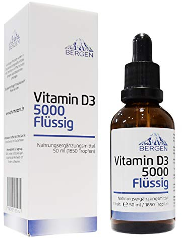 Premium Vitamin D3 Flüssig 50ml = 1850 Tropfen 1 Tropfen = 125µg (5000 I.E.) in MCT Öl gelöst Vitamin D3 Tropfen hochdosiert vegan Made in Germany Bergen