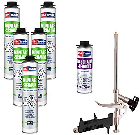 KM Trade Bauschaum-Set - Inkl. 5x 1K Montageschaum (je 750 ml), 1x Schaum-Pistole & 1x PU-Schaum-Reiniger (500 ml)