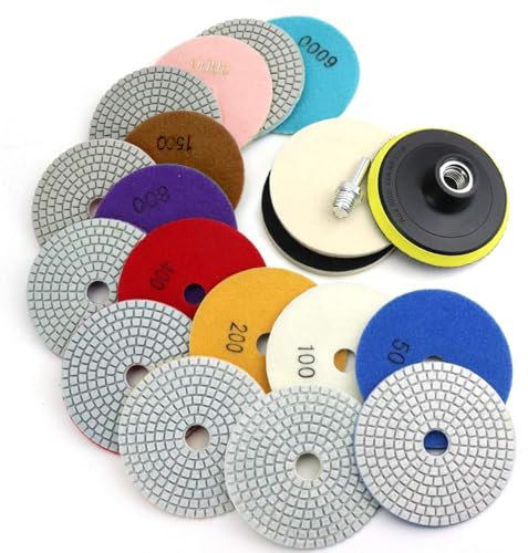 4 Inch Diamond Polishing Pads with 5/8’’-11 Backer Pad, 12PCS Wet/Dry Granite Stone for Drill, Grinder, Polisher, 50-6000 Grit Polishing Pad for Concrete Marble Stone Countertop Quartz