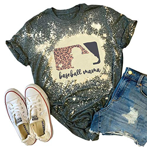 Baseball Mama Bleached T-Shirt for Women Funny Leopard Graphic Mama Distressed Shirt Letter Print Baseball Mom Tee Tops (Grey, XL)
