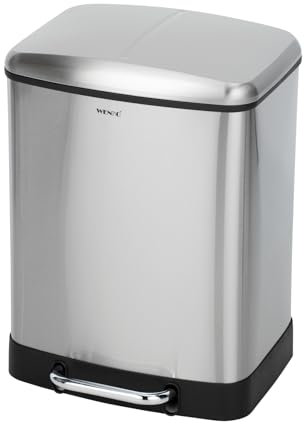 WENKO Abfalleimer Studio Easy-Close, 2 x 12 Liter Innenbehälter, 2 Fach-Mülltrenner und Absenkautomatik, Tretfunktion, rostfreier Edelstahl, Anti-Finger-Print Beschichtung, 37 x 50 x 34 cm, mattiert