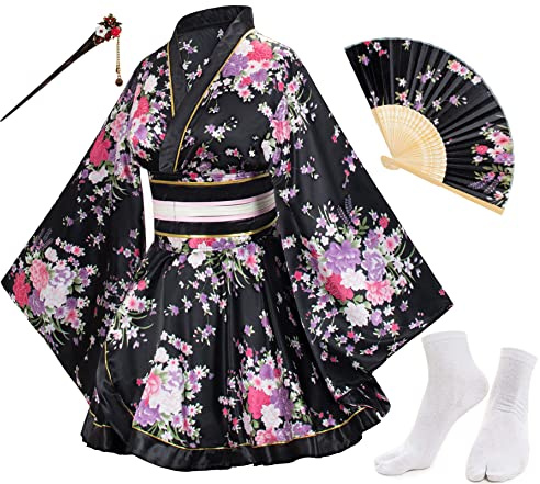 Japanese Anime Women's Dance Kimono Robe Fancy Dress Yukata Silk Folding Fans Tabi Hairstick Socks Set Black Small