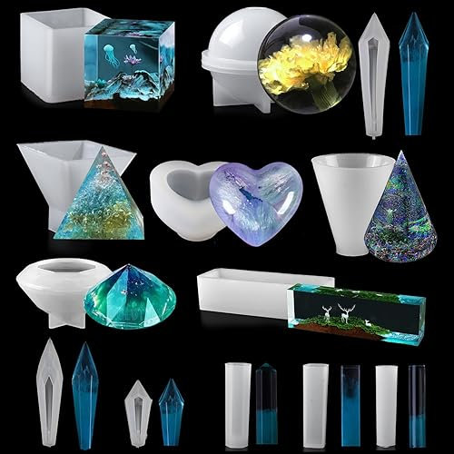 Epoda 13 Stück Epoxidharz Formen, Sphärische, Kubische, Pyramide, Kristal Resin Silikonform, Silicone Gießform Resin DIY Harz Formen