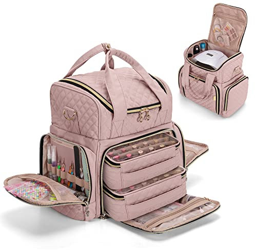 Luxja Nail Polish Organiser Hold 48 Bottles and a Nail Lamp, Nail Polish Case with 2 Removable Bags and Tools Storage Pockets (Patented Design), Pale Rose