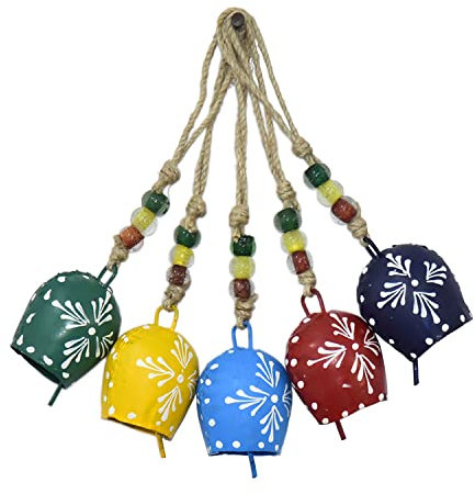 Vivanta Set di 5 campane dipinte da appendere all'armonia multicolore, decorazioni natalizie fatte a mano su corda, campane da strega, decorazione da appendere alla parete, campane a mucca, creatori