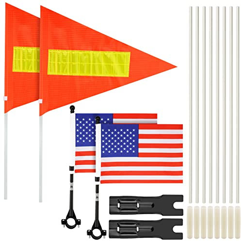 Bike Flags with Pole for Safety 2 Set Bicycle Safety Flag with reflective strap, Adjustable Height, Heavy Duty Fiberglass, Water Proof, with Cycling Handlebar USA Flag