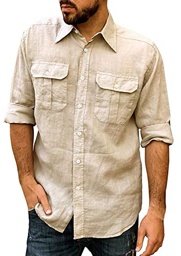 Camisa básica de lino de manga larga para hombre, de ajuste regular, con dos bolsillos frontales, estilo button-down, de un solo color, para tiempo libre, caqui, XXL