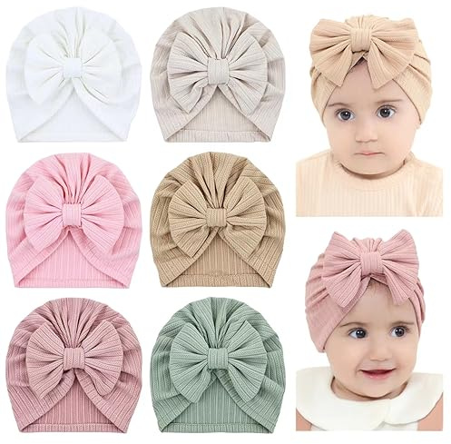 Cinaci 6 Piezas Lindos Turbantes Elásticos Suave para Bebé con Lazo y Nudo de Donut, Gorras para Jardín de Infantes, Hospital, Gorras para Bebé Niña, Recién Nacidos, Lactantes, Niños Pequeños, 0-24