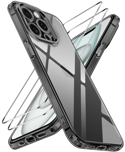 ivoler Clear Case Compatible with iPhone 15 Pro 6.1 [Long Lasting Clarity] [Military Grade Drop Protection], 1 Phone Case + 2 Tempered Glass Screen Protector, Shockproof Slim Cover -Shadowy Black