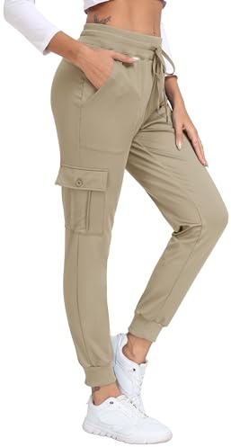 JINSHI Pantalons Cargo Femme Long Jogging Bas de Survêtement Sport Automne Hiver Chaud Pantalon Décontracté avec Micro-Polaire Grandes Poches Kaki XS