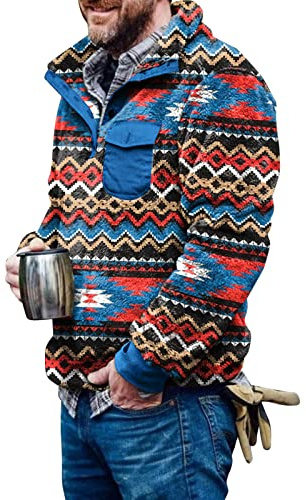 Aztec Fleece Pullover Men's Norwegian Sweater with Pocket Vintage Fleece Jacket Fuzzy Sherpa Fleece Sweater Winter Christmas Sweater Warm Sweatshirt Jacket for Men, 1 - Blue, L