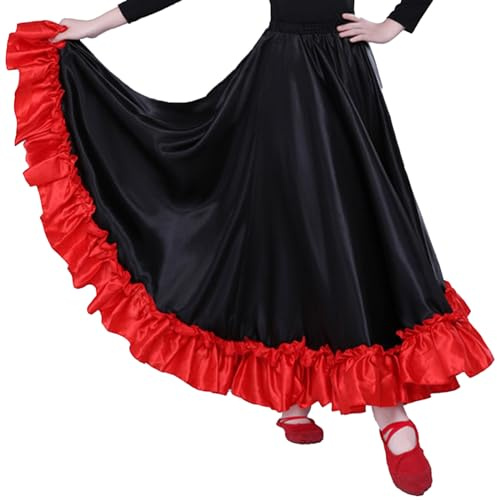 Yhong Falda de baile para niña, falda larga de flamenco midi con cintura elástica, falda tradicional de swing falda moderna tango vals ropa de baile etapa rendimiento