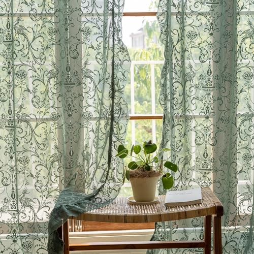 TUDECO Grüne durchsichtige Vorhänge, 213 cm lang, rustikale Landhaus-Spitzen-Vorhänge für Wohnzimmer, Tüll, Blumenrüschen, Privatsphäre, Frühlingsdekoration, lichtfilternde Fenstervorhänge, 150 x 213