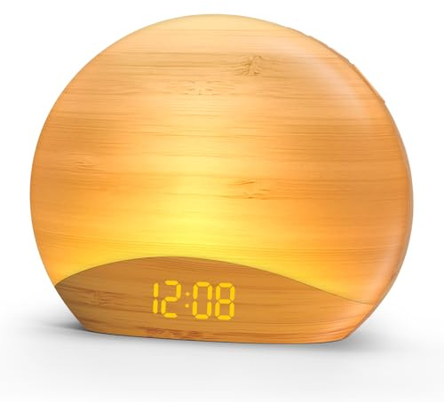 REACHER Sunrise Alarm Clock with Bluetooth Speaker & FM Radio, Gradual Wake Up Light, Digital Dimmable Clock, Bedroom Lamps, 8 Color Night Lights, Home Decor, Wood Clock for Adult, Kid