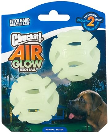 Chuckit! – Air Glow Ball – Balle Phosphorescente pour Chien – Jouet de Récupération – Structure Alvéolée Qui Facilite la Circulation de l’Air – Taille Medium – Diamètre de 6,5 cm – Pack de 2 Balles