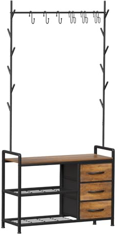 Leader Accessories Hallway Coat Stand Industrial Coat Rack free standing Hall Tree with Drawer Storage Shoe Bench 6 Hooks Metal Frame 33”x12”x69.3”(L/W/H) Rustic Brown