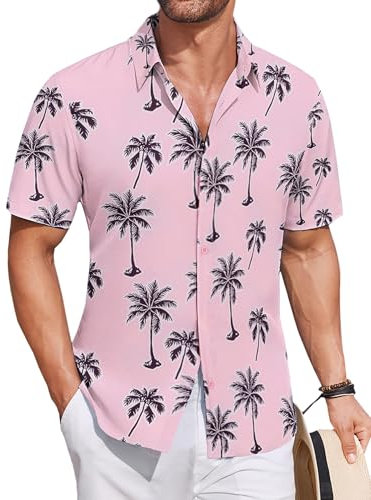COOFANDY Hawaii Hemd Männer Leichtes Sommerhemd Kurzarmhemd Herren Hawaiihemd Urlaub Hemden Kurzarm Herrenhemd Palme Rosa L