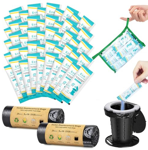 BLIKA 50 Count Camping Toilet Bags Eco Absorbent Gel Set, Portable Toilet Bags with Gel, 8 Gallon, 30 Liter, Heavy Duty 1 Mil, Toilet Replacement Bags with Toilet Powder for Camping Outdoor Hiking
