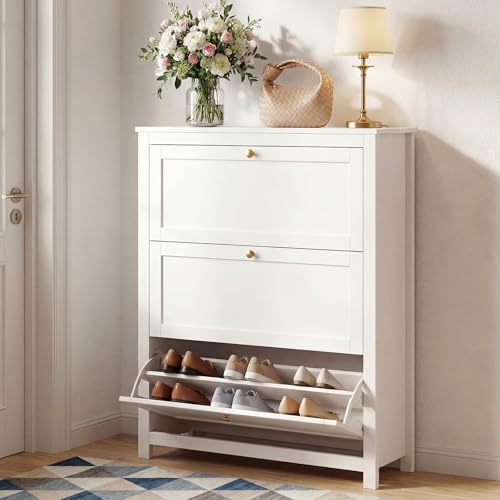 VOWNER Meuble Chaussures, Meuble de Rangement à Chaussures Armoire, Commode à Chaussures, Meuble d'entrée Rangement pour Chaussures, 90 x 110 x 30 cm, Séparateurs Réglables, pour Entrée (Blanc)