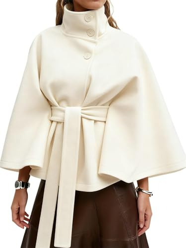 Generisch Poncho pour femme avec manches chauve-souris, veste caban, trench surdimensionné avec ceinture et col montant, capispalla Autunnoinverno Scialle, Blanc., S