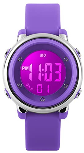 FeiWen Deportivo Relojes de Niño y Niña Multicolor LED Luz Plastico Bisel con Goma Correa 50M Impermeable Multifuncional Digitales Electrónica Reloj de Pulsera Alarma Morado