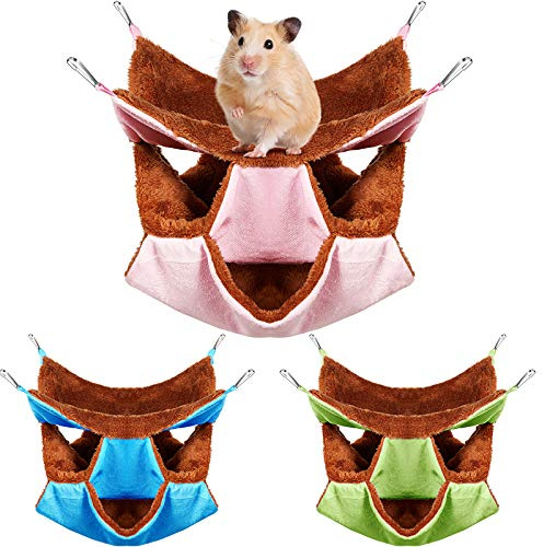 Weewooday 3 Pcs Rat Hammock 3 Tier Pet Guinea Pig Hammock for Cage Hanging Bed Cage Accessories for Small Animals Hamster Parrot Sugar Glider Ferrets Chinchilla Playing Sleeping(Pink,Blue,Green)