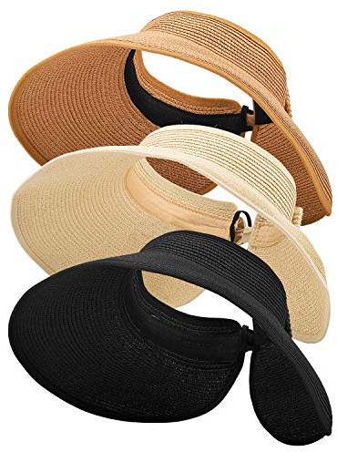 MEINICY 3PCS Foldable Straw Sun Visor Hats for Women, Wide Brim Ponytail Summer Beach Hat, Protect Your Skin Easily, Nature + Black + Beige