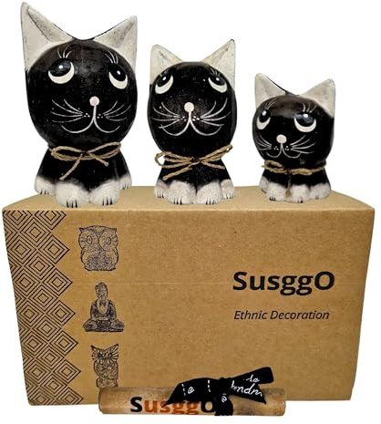 SusggO Set de 3 Gatos de Madera. Hechos a Mano Artesania Figuras Gatos Decorativos Decoracion Tallado a Mano Gato de la Suerte Adorno Mueble (Negro Detalles Blancos Negro GNB)