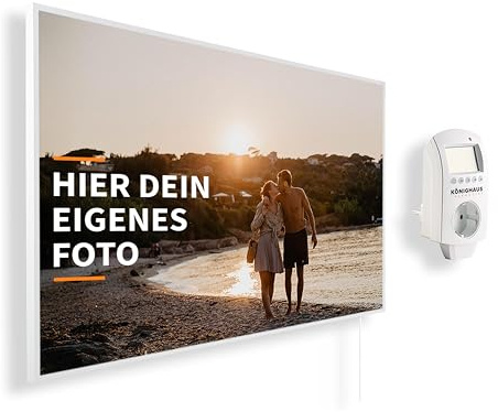 Könighaus Riscaldatore a infrarossi con foto & immagine personale – TÜV SÜD & 5 anni di garanzia – Made in Germany (caricate il vostro motivo) (1200W - cornice bianca) - termostato incluso