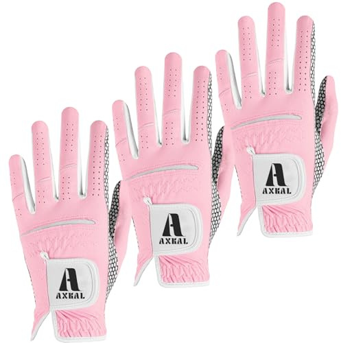 Lady golfhandskar vänster hand kvinnor damer alla väder vädergrepp modetryck färgvärde 3-pack, golfhandske dam mjuk andningsbar skyddsprestanda för golfsport (rosa, vänster, L)