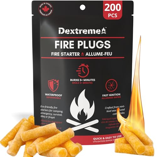 Dextreme Fire Plugs (200 Plugs) Waterproof Fire Starter for Campfires, Emergencies, Survival, Fire Pits, Grills | 5+ Minute Burn | All Natural | Made in North America